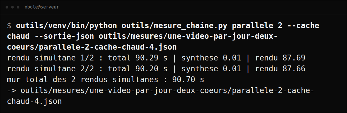 Sortie réelle du script sur deux productions simultanées, quatrième lancement de cette série. La commande a vraiment été exécutée sur le serveur. 90,70 s pour deux épisodes, contre 95,10 à 95,83 s en les faisant l'un après l'autre.