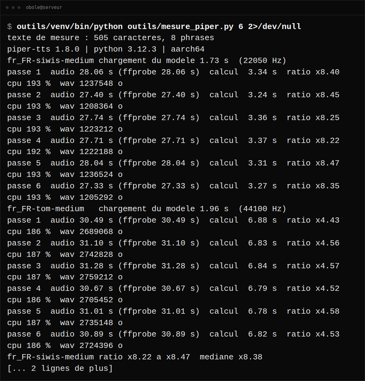 Real output of the measurement script: six runs on fr_FR-siwis-medium then six on fr_FR-tom-medium, on the same 505-character text. Screenshot taken on the server — the command really ran, and that run is the one archived as JSON.